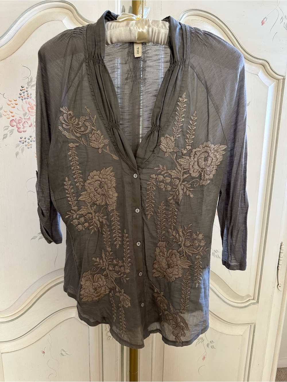 Embroidered Gray Button-Front Women’s Blouse - Tiny